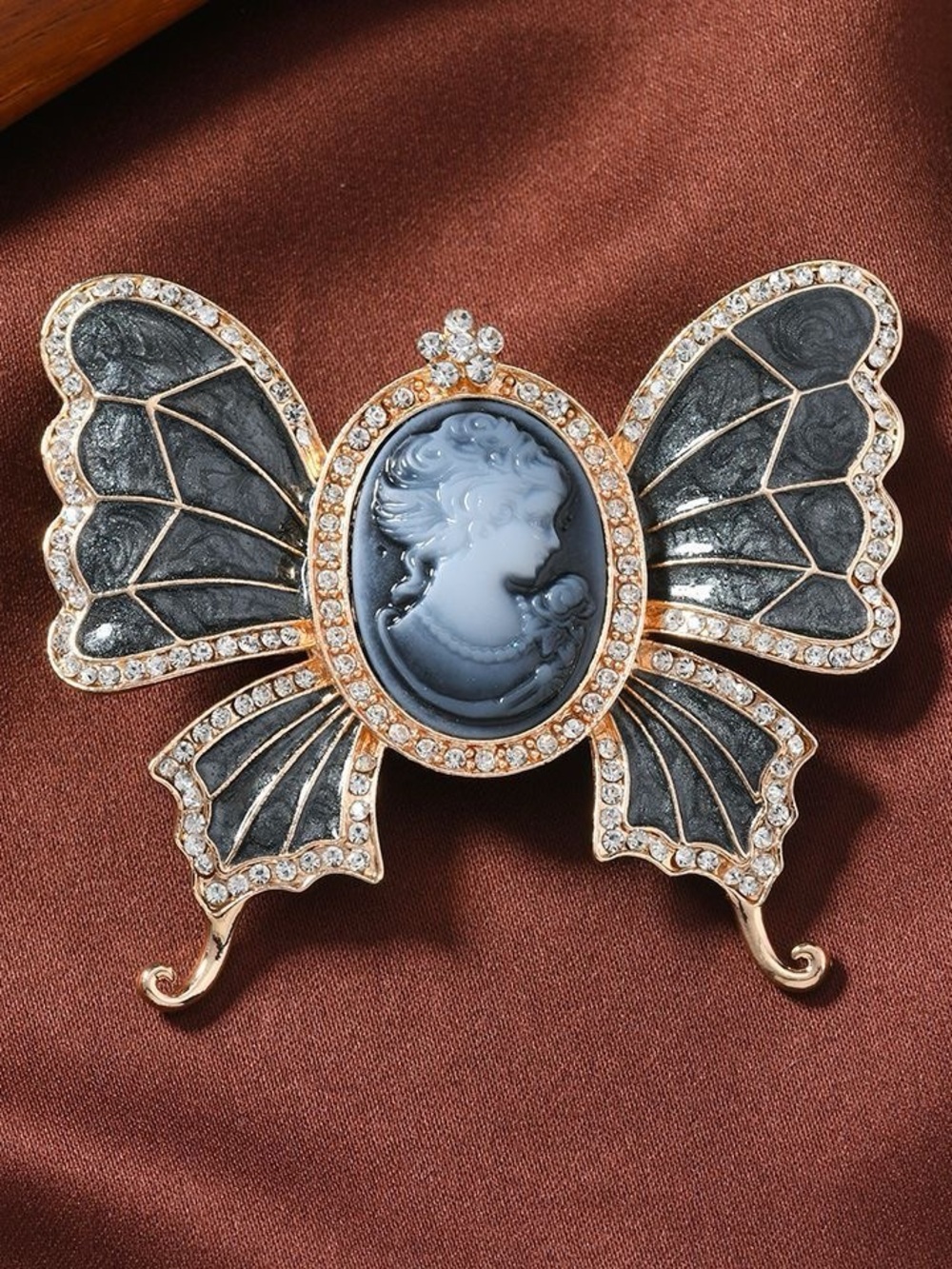 Blue Cameo Butterfly Brooch Rhinestone Crystal Gold Tone Vintage Style